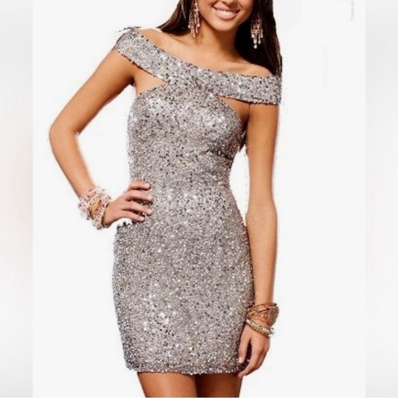Scala Off the Shoulder Sequin Silver Silk Dress - Picture 1 of 12